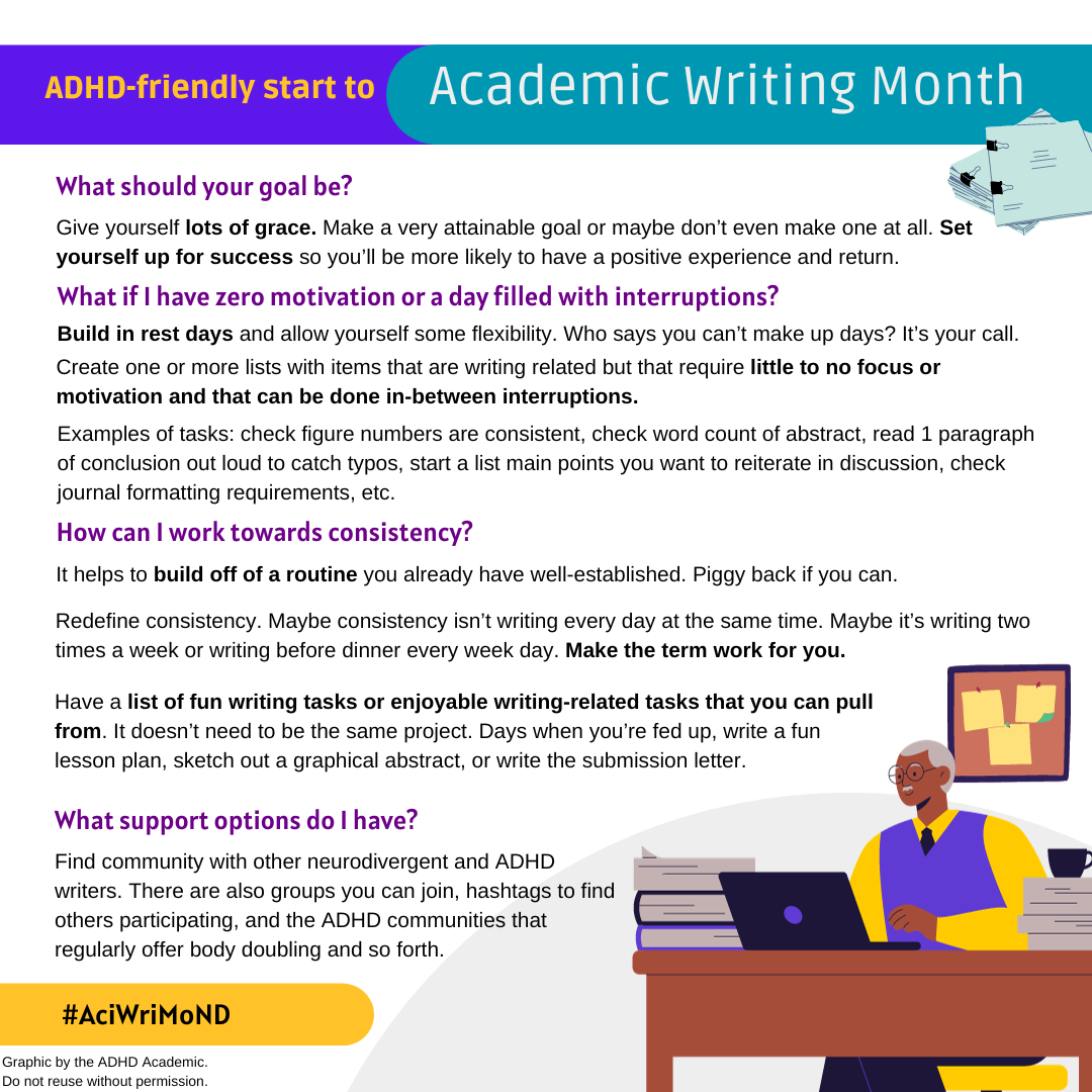 ADHD-friendly start to Academic Writing Month.  -What should your goal be? -Give yourself lots of grace. Make a very attainable goal or maybe don't even make one at all. Set yourself up for success so you'll be more likely to have a positive experience and return. -What if I have zero motivation or a day filled with interruptions? -Build in rest days and allow yourself some flexibility. Who says you can't make up days? It's your call. -Create one or more lists with items that are writing related but that require little to no focus or motivation and that can be done in-between interruptions. -Examples of tasks: check figure numbers are consistent, check word count of abstract, read 1 paragraph of conclusion out loud to catch typos, start a list main points you want to reiterate in discussion, check journal formatting requirements, etc. -How can I work towards consistency? -It helps to build off of a routine you already have well-established. Piggy back if you can. -Redefine consistency. Maybe consistency isn't writing every day at the same time. Maybe it's writing two times a week or writing before dinner every week day. Make the term work for you. -Have a list of fun writing tasks or enjoyable writing-related tasks that you can pull from. It doesn't need to be the same project. Days when you're fed up, write a fun lesson plan, sketch out a graphical abstract, or write the submission letter. -What support options do I have? -Find community with other neurodivergent and ADHD writers. There are also groups you can join, hashtags to find others participating, and the ADHD communities that regularly offer body doubling and so forth. #AciWriMoND Graphic by the ADHD Academic. Do not reuse without permission.