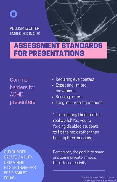 Abelism is often embedded in our assessment standards for presentations. Common barriers for ADHD presenters: -Requiring eye contact. -Expecting limited movement. -Banning notes. -Long, multi-part questions. 