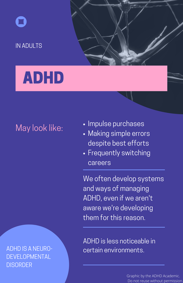  Infographic that reads, “In adults, ADHD may look like: impulse purchases, making simple errors despite best efforts, frequently switching careers. We often develop systems and ways of managing ADHD, even if we aren’t aware we’re developing them for this reason. ADHD is less noticeable in certain environments. ADHD is a neurodevelopmental disorder. Graphic by the ADHD Academic. Do not reuse without permission.