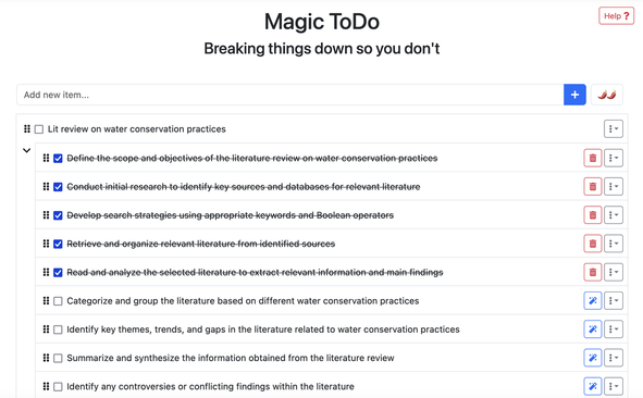 Screenshot of Magic ToDo. Subheading reads Breaking things down so you don't. 