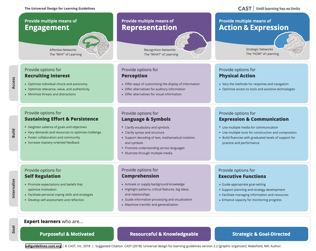 The Universal Design for Learning Guidelines. CAST Until learning has no limits. Three by five table with a green column, “Provide multiple means of engagement” Affective networks the WHY of learning. Next is a purple column, “Provide multiple means of representation. Recognition Networks the WHAT of learning. The last column is blue, “Provide multiple means of Action & Expression” Strategic Networks the HOW of learning. Moving down the first column, Engagement, the next row is Access. It reads, “Provide options for recruiting interest. Optimize individual choice and autonomy, Optimize relevance, value, and authenticity, Minimize threats and distractions”. Next row is Build. It reads, “Provide options for Sustaining Effort & Persistence. Heighten salience of goals and objectives, Vary demands and resources to optimize challenge, Foster collaboration and community, Increase mastery-oriented feedback.” The next row is Internalize. “Provide options for Self Regulation. Promote expectations and beliefs that optimize motivation, Facilitate personal coping skills and strategies, Develop self-assessment and reflection.” The final row is Goal: Expert learners who are “purposeful and motivated” in the case of engagement. In the representation column, for access, “Provide options for Perception. Offer ways of customizing the display of information, Offer alternatives for auditory information, Offer alternatives for visual information.” For Build, “Provide options for Language & Symbols. Clarify vocabulary and symbols, Clarify syntax and structure, Support decoding of text, mathematical notation, and symbols, Promote understanding across languages Illustrate through multiple media.” For Internalize, it reads, “”Provide options for Comprehension. Activate or supply background knowledge, Highlight patterns, critical features, big ideas, and relationships, Guide information processing and visualization, Maximize transfer and generalization.” And the final row, Goal, reads “Expert learners who are resourceful & knowledgeable.” In the final column, Action & Expression, for access, “Provide options for Physical Action. Vary the methods for response and navigation, Optimize access to tools and assistive technologies.” For Build, “”Provide options for Expression & Communication. Use multiple media for communication, Use multiple tools for construction and composition, Build fluencies with graduated levels of support for practice and performance.” For Internalize, it reads, “Provide options for Executive Functions. Guide appropriate goal-setting, Support planning and strategy development, Facilitate managing information and resources, Enhance capacity for monitoring progress.” The final goal is expert learners who are strategic & goal-directed.” udlguidelines.cast.org.  © CAST, Inc. 2018 | Suggested Citation: CAST (2018). Universal design for learning guidelines version 2.2 [graphic organizer]. Wakefield, MA: Author