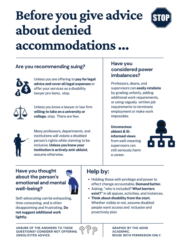Infographic. At the top is a stop sign and large text that reads, “Before you give advice about denied accommodations…” Then there is a dividing line. Text reads, “Are you recommending suing?” and there are the following sentences, “Unless you are offering to pay for legal advice and cover all legal expenses or offer your services as a disability lawyer pro-bono, stop. Unless you know a lawyer or a law firm willing to take on a university or college, stop. Many professors, departments, and institutions will violate a disabled person’s rights while claiming to be inclusive. Unless you know your institution is actively anti-ableist, assume otherwise.” Another question in a separate section asks, “Have you considered power imbalances?” and the following text reads, “Professors, deans, and supervisors can easily retaliate by grading unfairly, adding additional work requirements, or using vaguely written job requirements to terminate employment or make work impossible. Unconscious ableist & ill-informed views from well-meaning supervisors can still seriously harm a career.” In another section the text reads, “Have you thought about the person's emotional and mental well-being?” and then below the text says, “Self-advocating can be exhausting, time-consuming, and is often disappointing and frustrating. Do not suggest additional work lightly.” The last box has a question that says, “Help by: Holding those with privilege and power to affect change accountable. Demand better. Asking, 